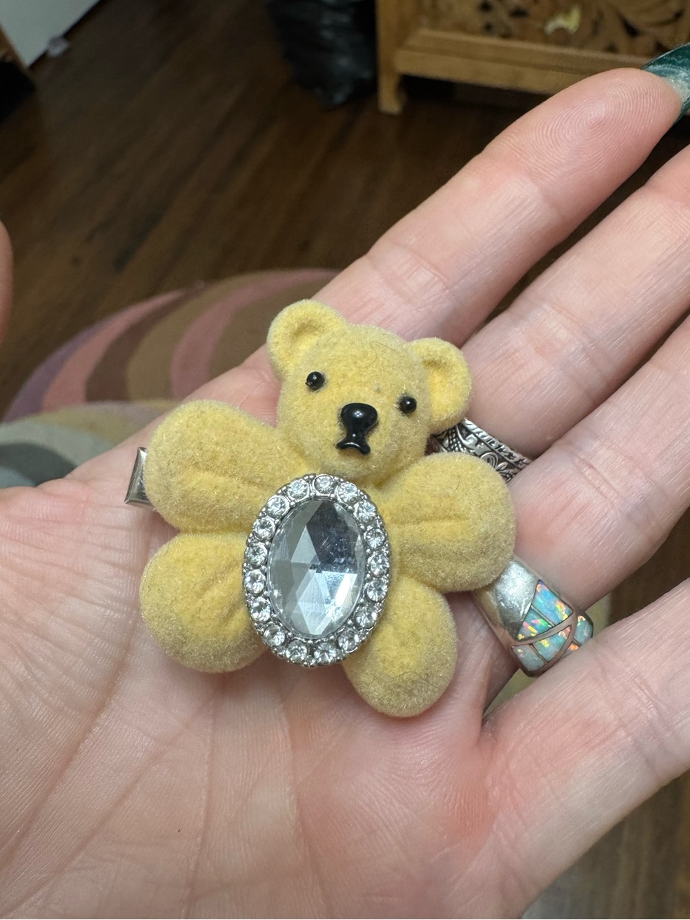 Yellow Flocked Bear Hair Clip with Crystal Accent
